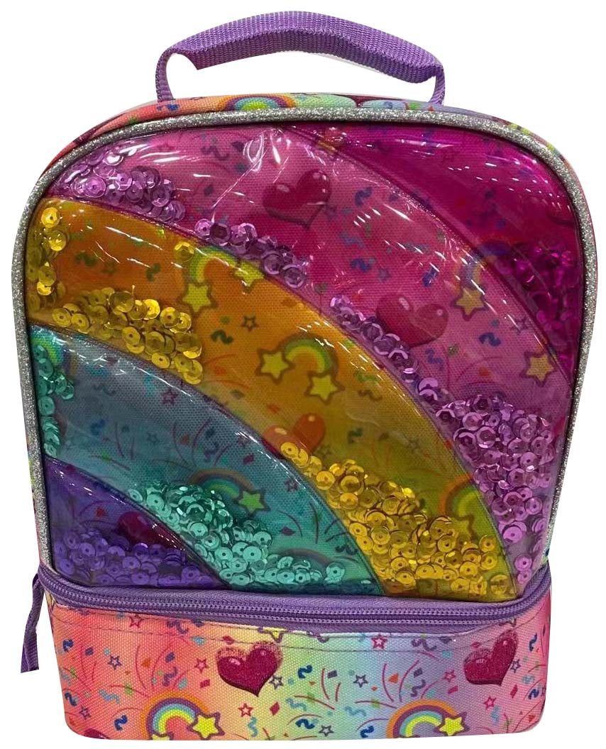 Kids Novelty Rainbow Dual Compartment Drop Bottom Lunch Bag for Girls