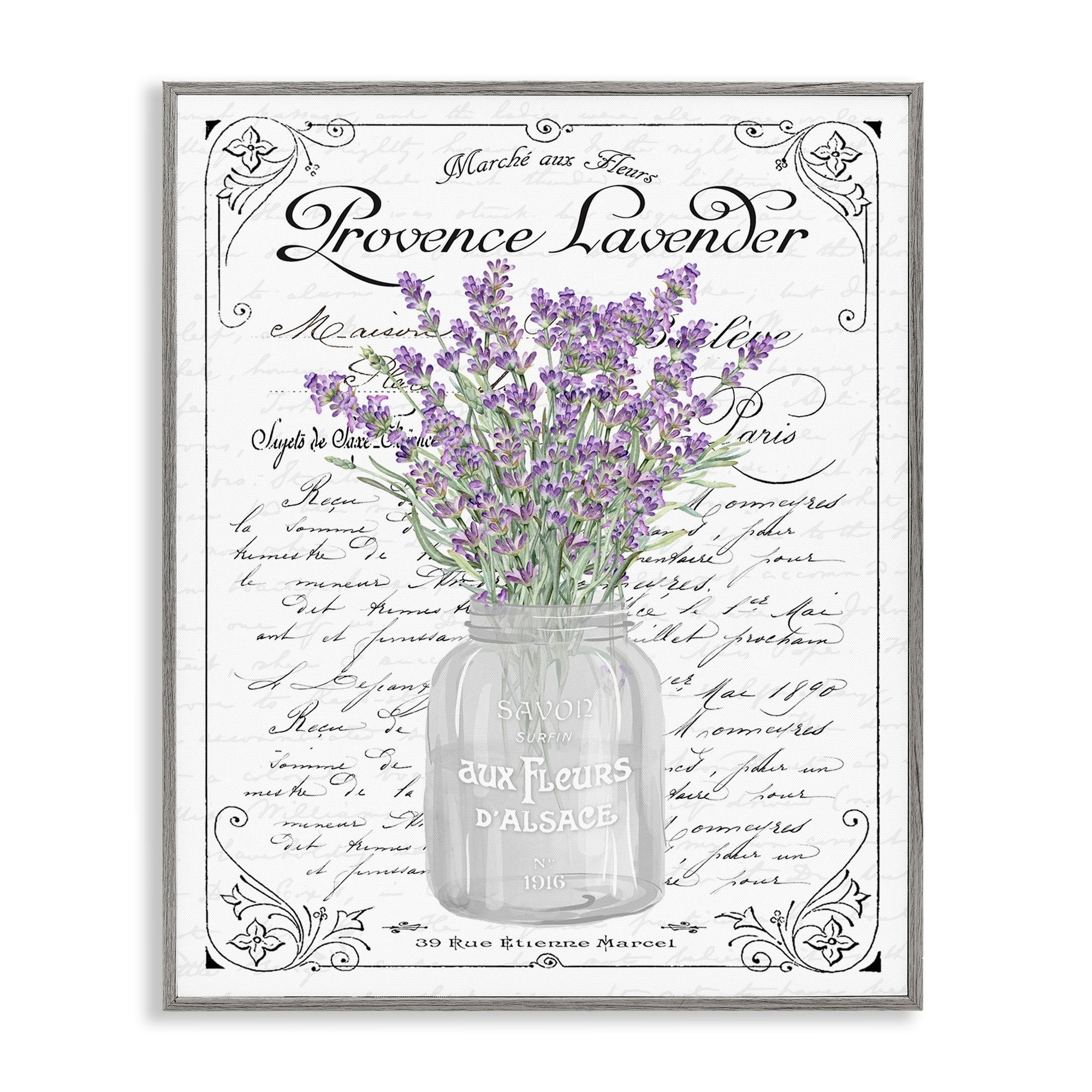 Stupell Industries Lavender Sprigs Bouquet Ornate French Script Motif Graphic Art Gray Framed Art Print Wall Art, Design by Lettered and Lined
