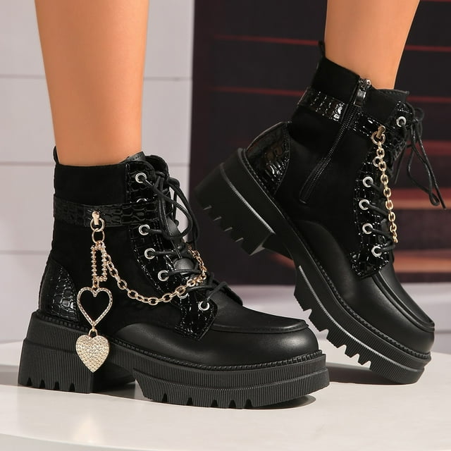Bottes de Moto Noires pour Femmes avec Semelle Épaisse, Design Taille Haute et Sensation de Chaîne de Rue pour Usage Extérieur Décontracté, Multicolore et à la Mode