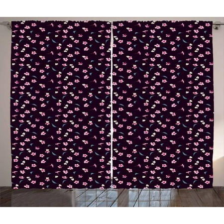 Sakura Spring - Cherry Blossom Curtains 2 Panels Set, Spring Night Sakura Yozakura Pattern on Nocturnal Background, Window Drapes for Living Room Bedroom, 108W X 90L Inches, Dark Purple Pink and Teal, by Ambesonne
