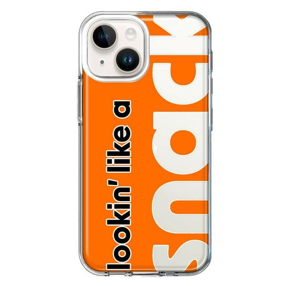 MUNDAZE Case for Apple iPhone 15 Hybrid Shockproof Slim Hard Soft TPU Shell Heavy Duty Protective Phone Cover - Orange Clear Funny Text Quote Snack