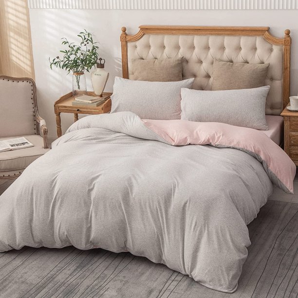 PURE ERA Duvet Cover Set Pinstripes Jersey Knit Cotton Super Soft Breathable (Grey Pink Stripe
