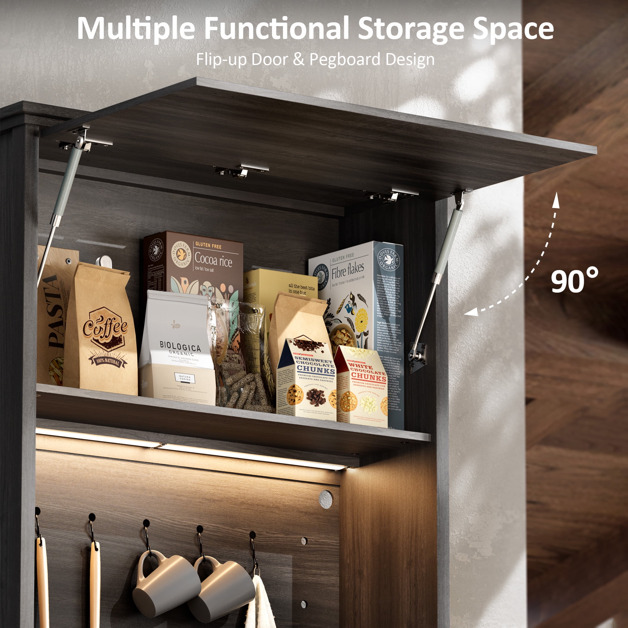 Einhomn 72" Tall Farmhouse Kitchen Pantry Cabinet with Charging Station & LED Light, Flip up Door & Adjustable Shelves,Black