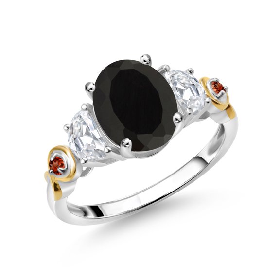 Gem Stone King 925 Silver and 10K Yellow Gold 3-Stone Ring Oval Black Onyx and Moissanite (2.53 Cttw, Size 9)