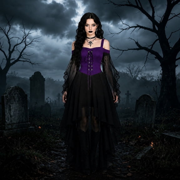 Huowey Vampire Gothic Dresses Halloween For Women LaceâUp Waist High-Low Fancy Cosplay Party Gown Off Shoulder Long Sleeve Elegant Halloween Dress,Purple,XXXL