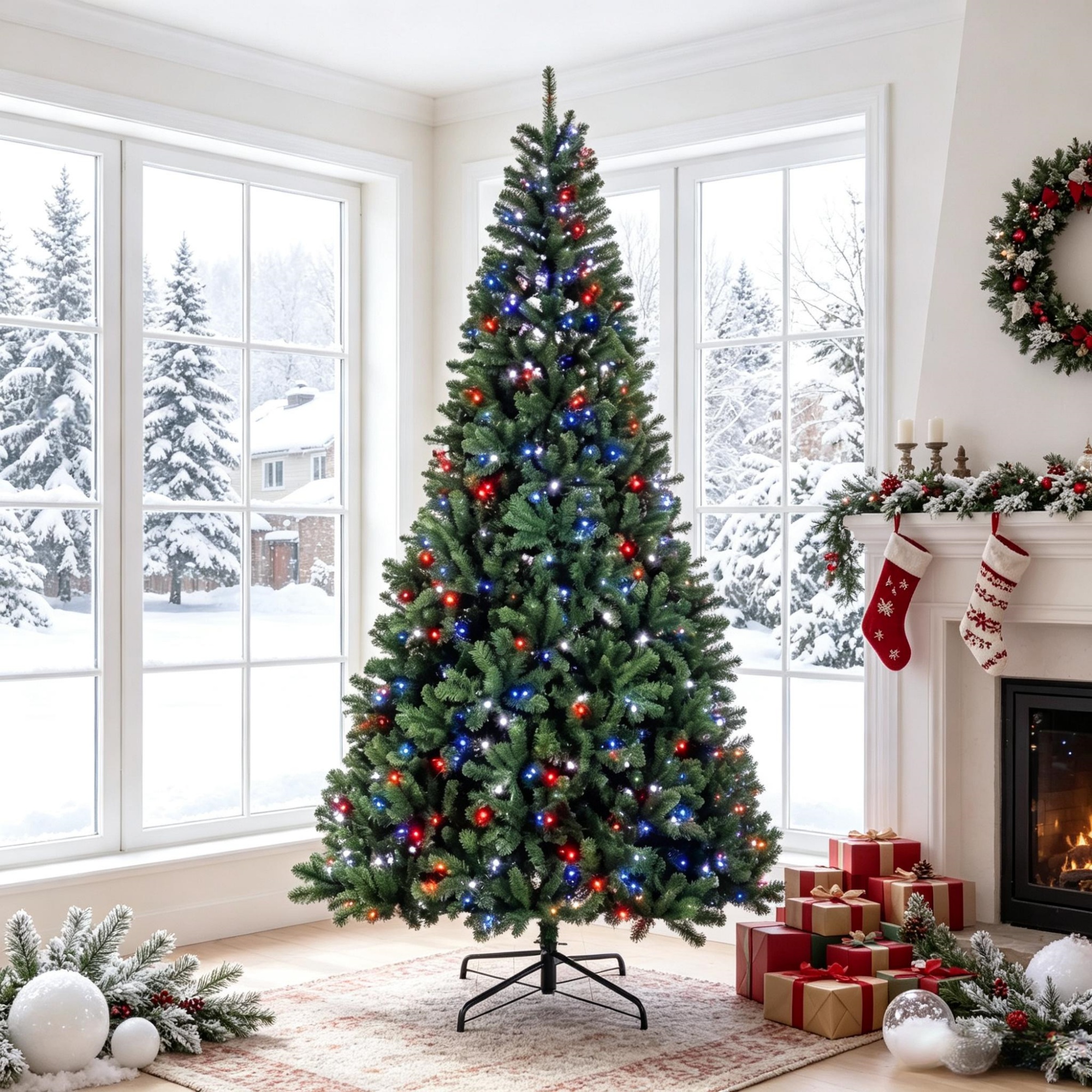 9 ft Pre-Lit Christmas Tree with RGB Dynamic LED Lights, Remote Control, 650 Lights, 2712 Branch Tips, Hinged Sections, Indoor Holiday Decoration
