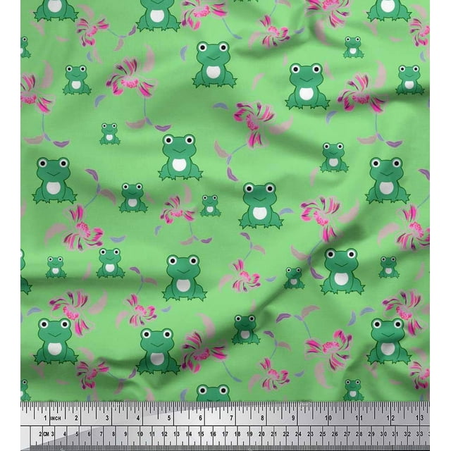 Soimoi Cotton Poplin Fabric Floral & Frog Cartoon Decor Fabric Printed Yard 42 Inch Wide