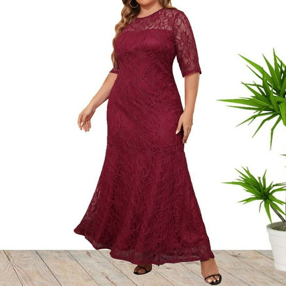 Meichang Long Mother of the Bride Dresses for Wedding Plus Size Short Sleeves Crew Neck Lace Floral Formal Dresses Solid Evening Dresses Prom Dresses Wedding Guest Dresses for Women