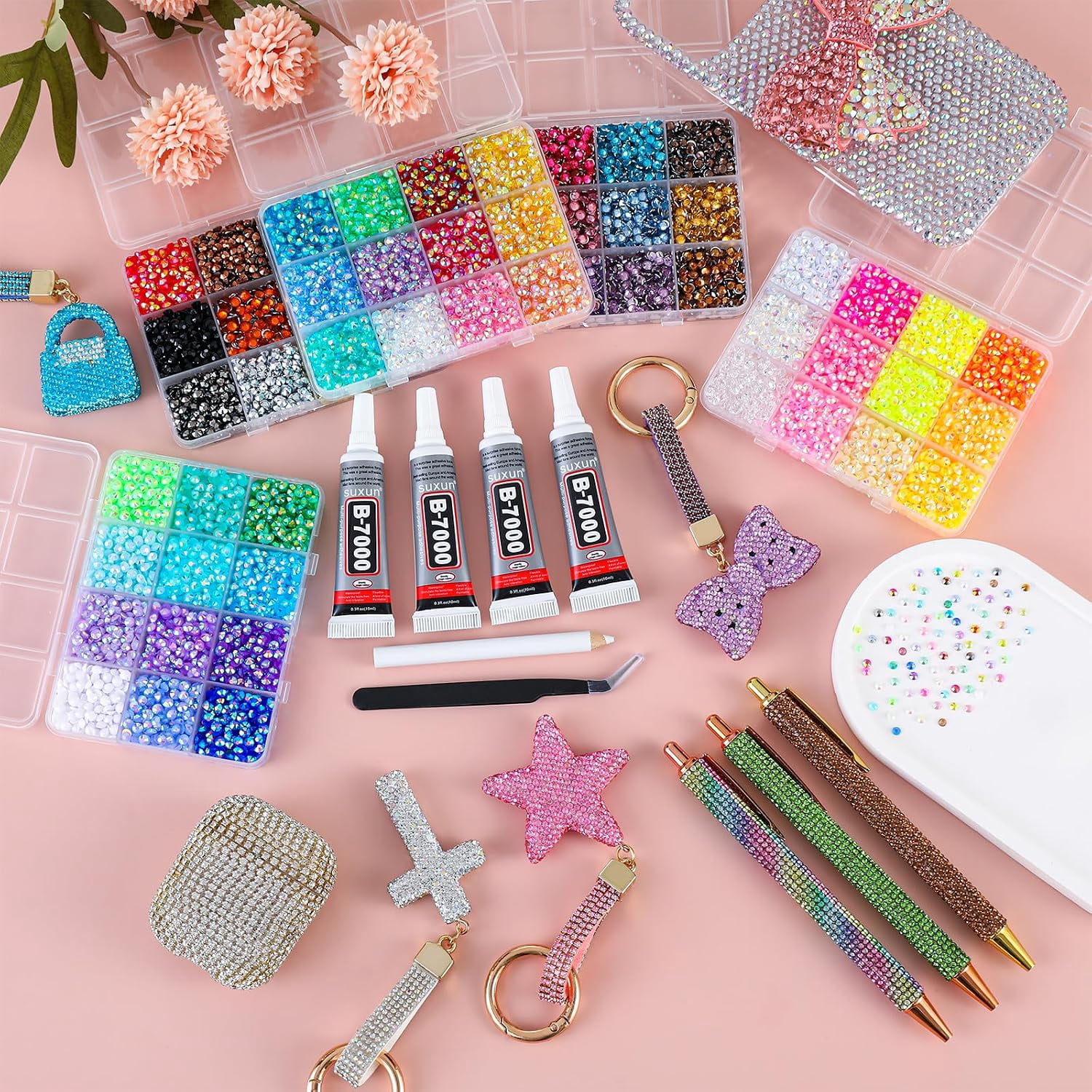 24000Pcs Bedazzling Kit for 60 Colors Rhinestones with 5 Box Diamond Art, 4mm Flatback Gems with 4×10ml B7000 Jewelry Glue Tweezers & Pickup Pen, Perfect for Nail Art, Crafting, Clothing
