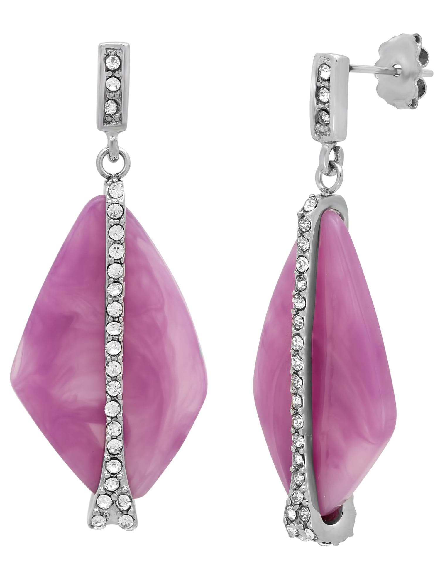 Womens Stainless Steel Pink Stone and Glass Drop Earrings