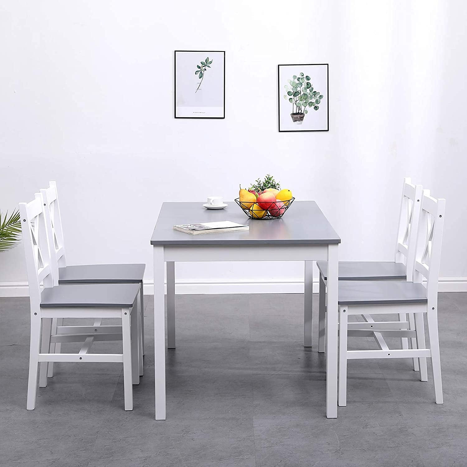 Soges 5 Pieces Dining Table Set, Pine Wood Kitchen Dining Table with 4 Chairs, Wood Rectangular kitchen table and chairs for 4, Small Dining Set for Bar Dining Room Breakfast Nook, White and Gray