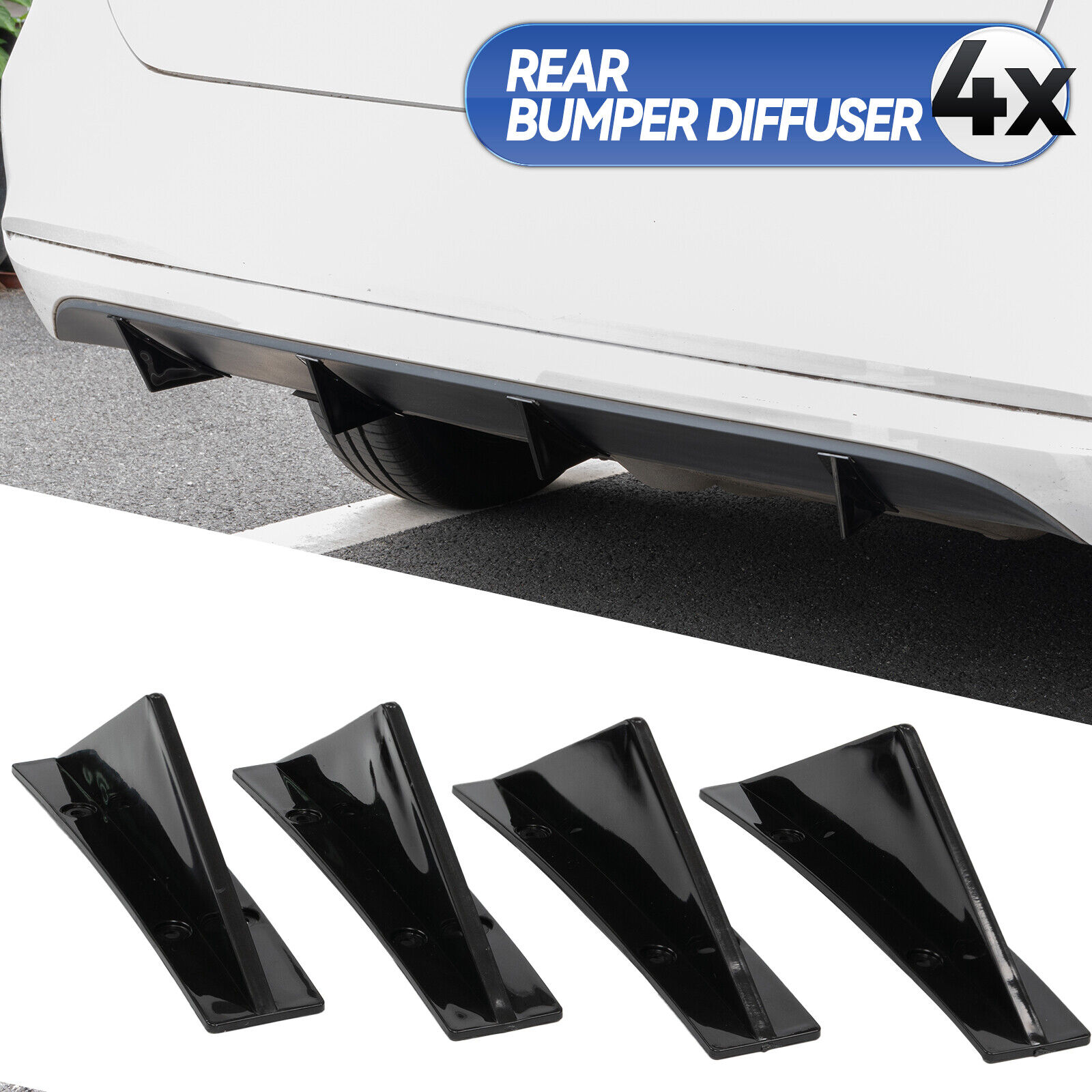 4x Curved Car Rear Bumper Diffuser Shark Fin Spoiler Lip Wing Splitter