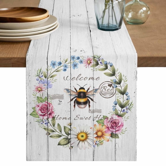 Table Runner 70 Inches Long for Kitchen Dining, Spring Daisy Dresser Scarf Farmhouse, Dining Table Decorations for Wedding/Parties, Pink Flowers Wreath Leaves Farmhouse White Wood 13 x 70 In