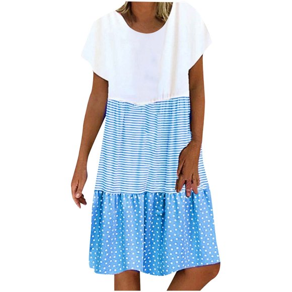 fartey Sundresses for Women 2023 Trendy Stripe Dot Print Loose Fit Mini Dress Lounge Crew Neck Short Sleeve Dresses, S-5XL