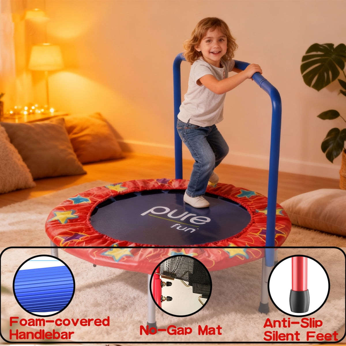 36-Inch Round Mini Trampoline for Kids – Indoor Bounce Playmat with N-Shaped Handle, Steel Frame & PVC Cover – Safe Exercise for Toddlers (Colorful)