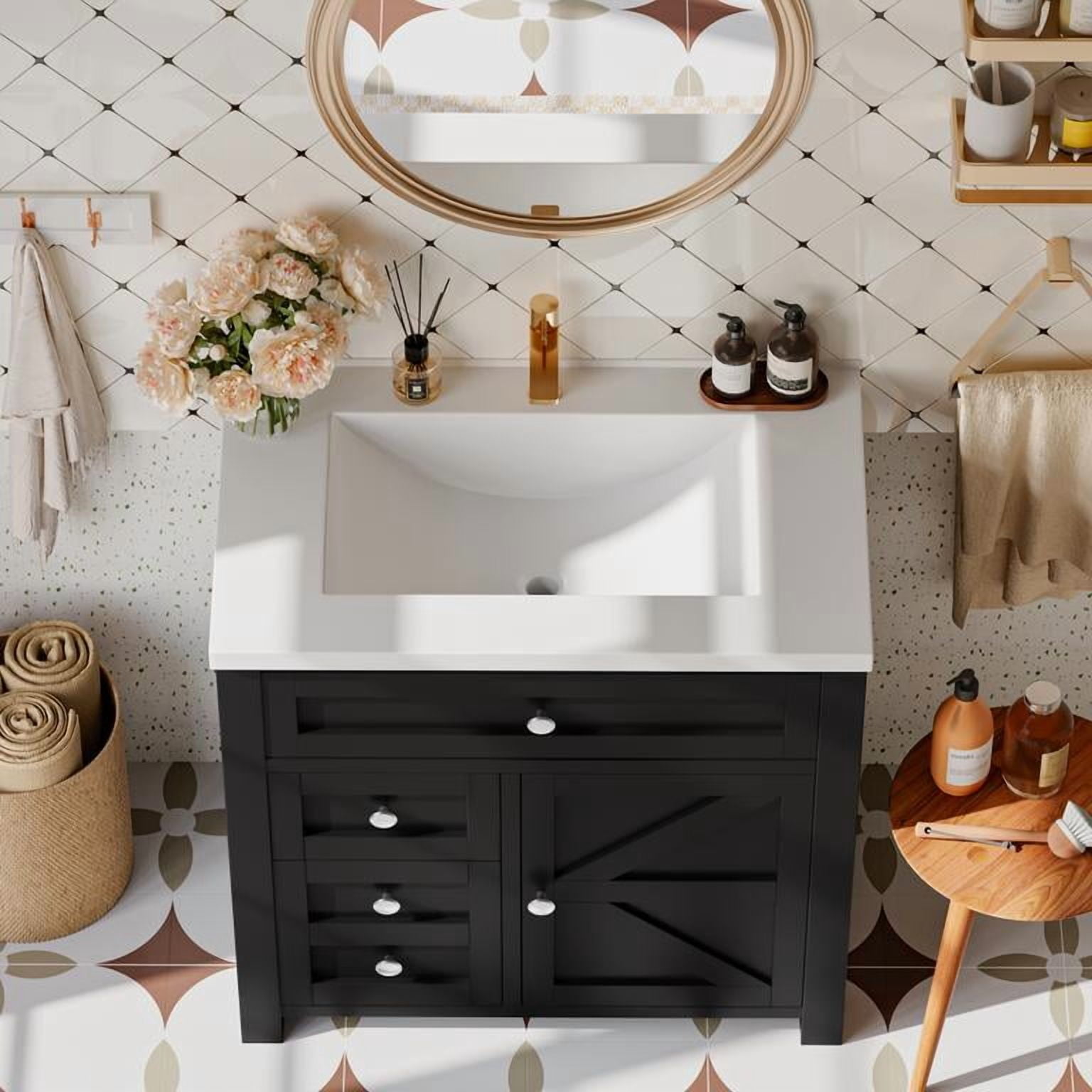 Lacoo 30'' Bathroom Vanity with Resin Sink, Wood Bathroom Storage Cabinet with Drawers and Shelves for Bathroom, Black