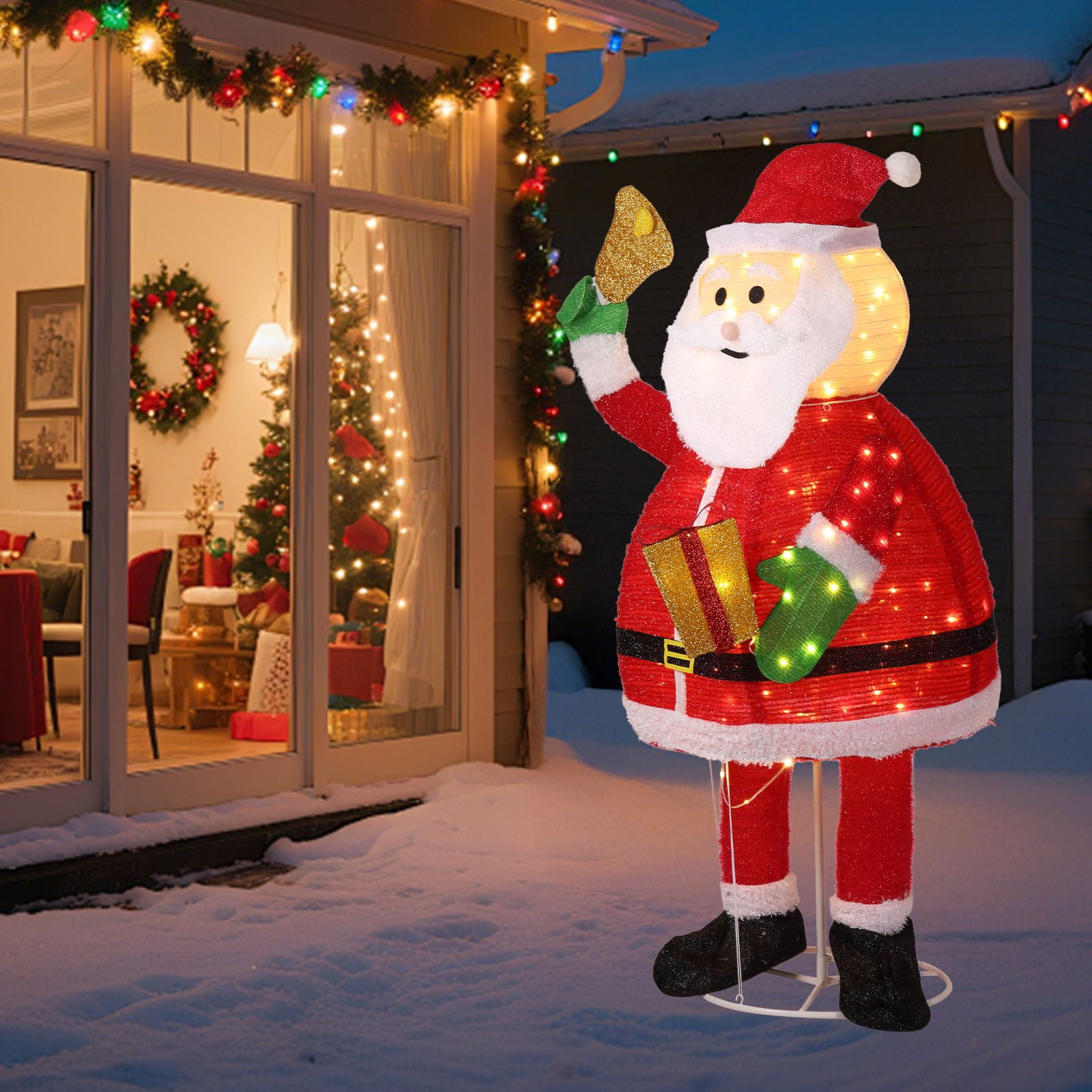 6FT Lighted Santa Claus Holding Bell Christmas Yard Decorations, Pre-lit Pull Up Santa with 200 Warm White LEDs, for Xmas Outdoor Holiday Indoor Decor Lighted Holiday Display