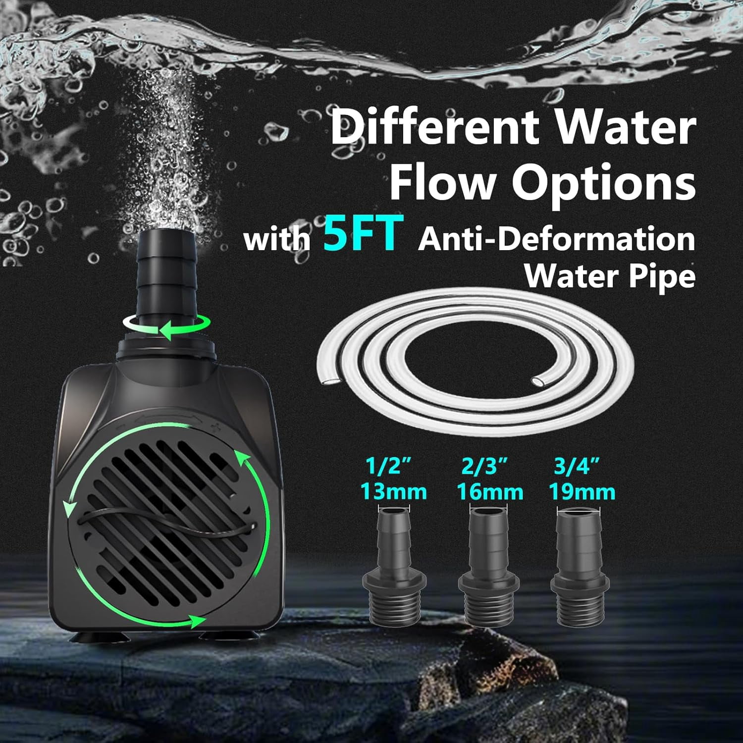 HIBIBUD 400GPH Auto-Shut-OFF Submersible Pond Pump (1500L/H 25W) Ultra Quiet Fountain Water Pump with 6.5ft High Lift, 3 Nozzles for Aquarium, Fish Tank, Pond, Hydroponics, Statuary, Water Feature.