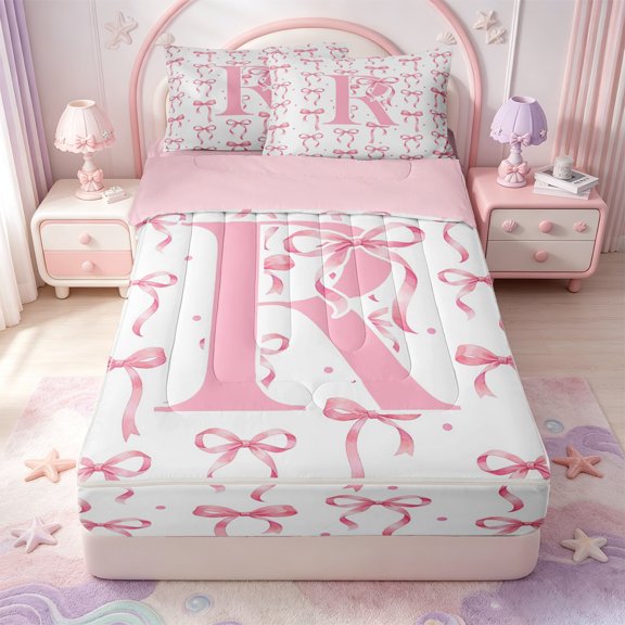 Manfei Pink Bowtie Zipper Twin Comforter Sets with Fitted Sheet and 2 Pillowcases,Initial Alphabet R Zipper Bedding Set,Pink Reversible,4-Piece