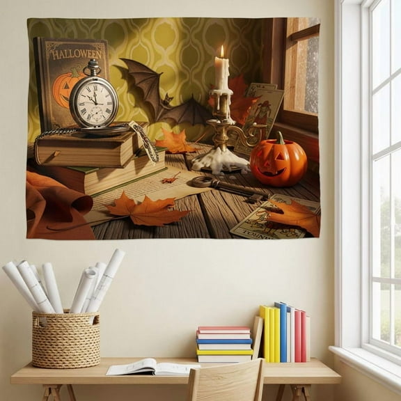 ViciArt Vintage Halloween Still Life Tapestry, 30"x40" Polyester Wall Hanging, Pumpkin Candle Tarot Decor