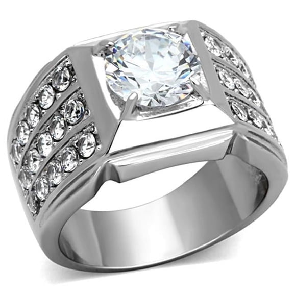 Women High Polished Stainless Steel Ring with AAA Grade CZ in Clear - Size 12