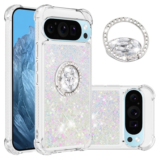 Funda para Google Pixel 9/Pixel 9 PRO 5G con Brillo Líquido Flotante, Purpurina, Parachoques y Anillo Giratorio Soporte