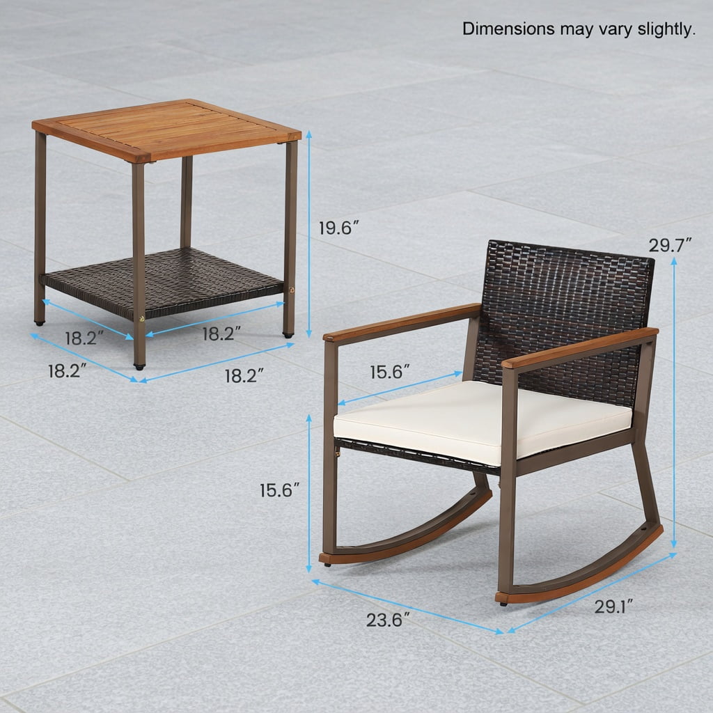 Hommoo 3-Piece Outdoor Rattan Rocking Bistro Set, 2 Rocking Chairs + Coffee Table with Cushions, PE Rattan & Acacia Wood, Weather-Resistant Patio Furniture, White