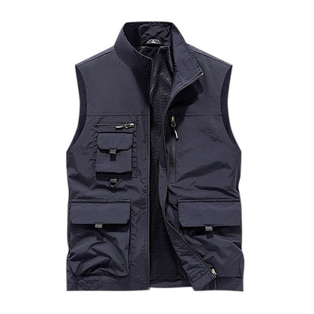 SSAAVKUY Men s Vest Multi-Pocket Outdoor Fishing Hiking Camping Vest Breathable Lightweight Sleeveless Jacket Dark Blue 6