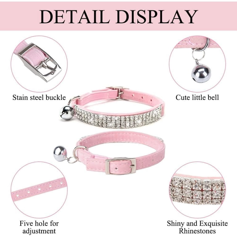 Jestrem Pink Cat Collar - 3/8" Wide, Elastic Safety Collar With Bell, Rhinestone Heart, For Kittens