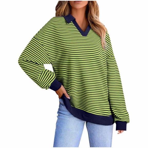 ZHYou Womens Striped V-Neck Oversized Sweatshirt Loose Fit Color Block Long Sleeve Pullover, Multi-Color Casual Tunic Top,Sizes:S,M,L,XL