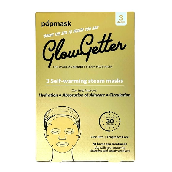 Popmask Glow Getter Gold Self-Warming Mask 3 Pack - Warms in 30 Seconds, Natural Heat Source, Lasts 20 Minutes - 3 Full Face Mask