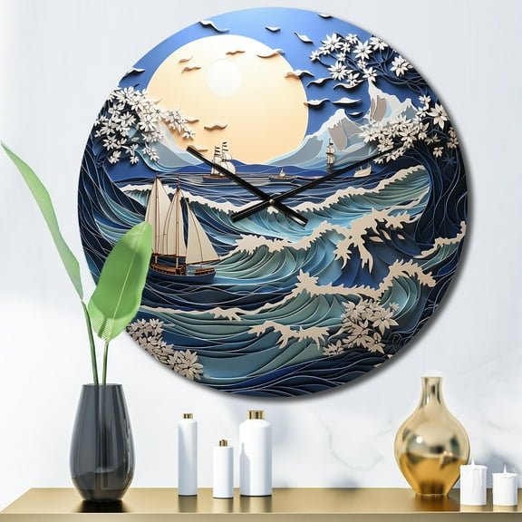 Designart "Beach Boat gracefulness Papercut II" Beach Oversized Wall Clock