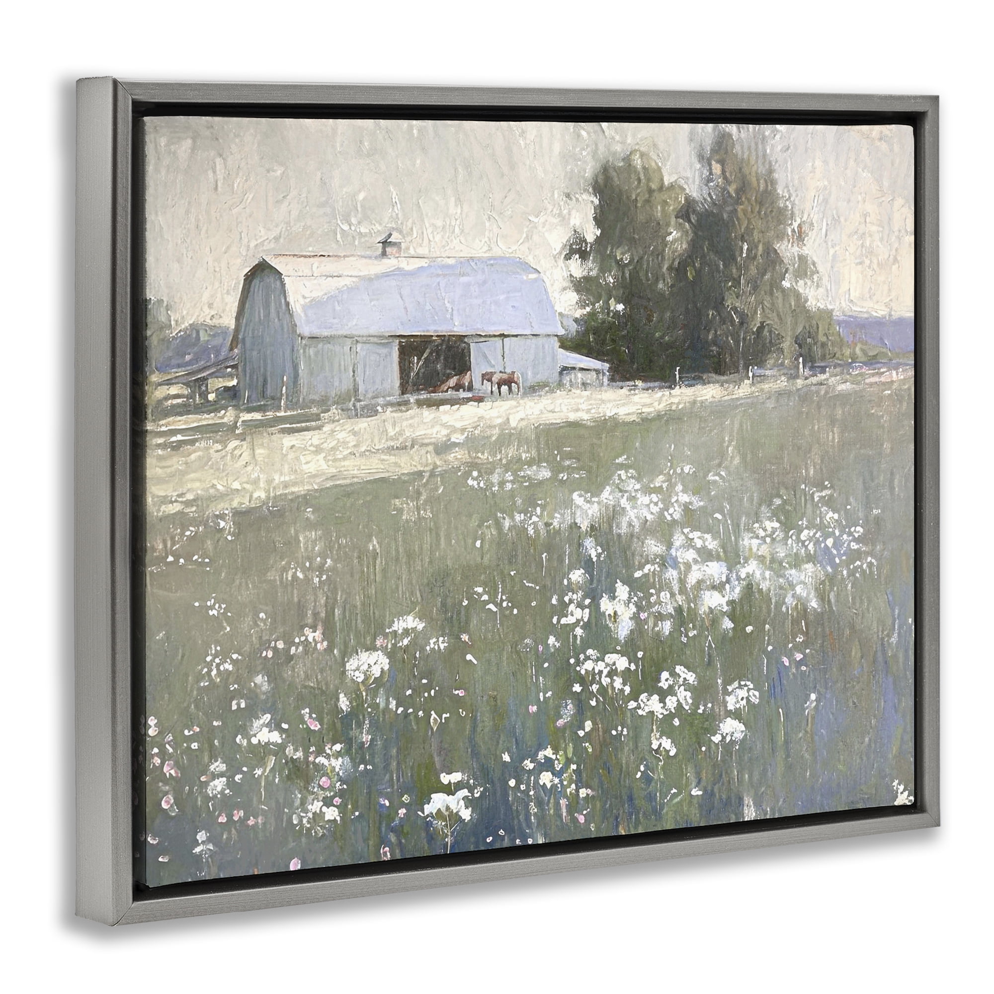 Stupell Industries Peaceful Farm Pasture Landscape Painting Gray Floater Framed Canvas Art Print Wall Art, 31 x 25