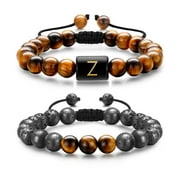 AUNOOL Initial Beaded Bracelets for Men 8mm Tiger Eye Stone Braclets Initial Bracelets for Men Lava Rock Bracelets Adjustable Mens Bracelet Set