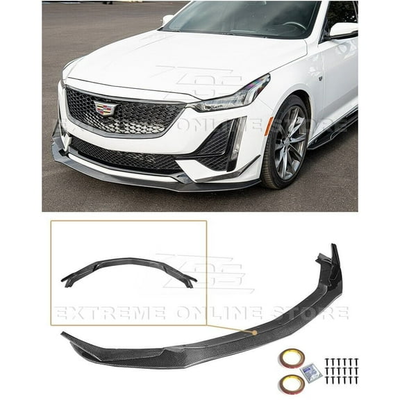 Replacement For 2020-Present Cadillac CT5 Sport & CT5-V | Blackwing Style Carbon Fiber Front Bumper Lip Chin Spoiler With Splitter Canards Pair