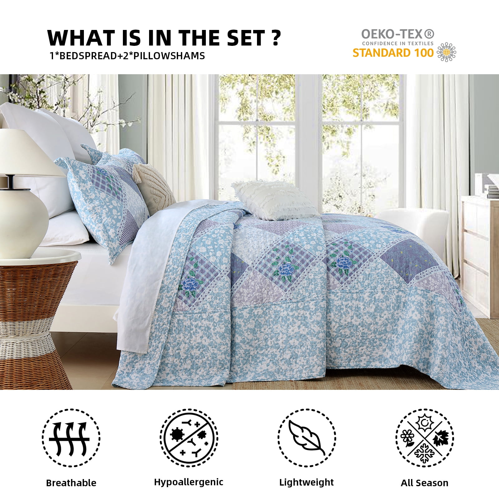 PANGUSHAN 100% Cotton 128"x120" Oversized California King Bedspread Coverlet Quilt Set, Cal King Quilted Bedspread Extra Large Wide Quilt, Floral XL Bed Spread Lightweight Comforter, 3pc, Blue/Violet