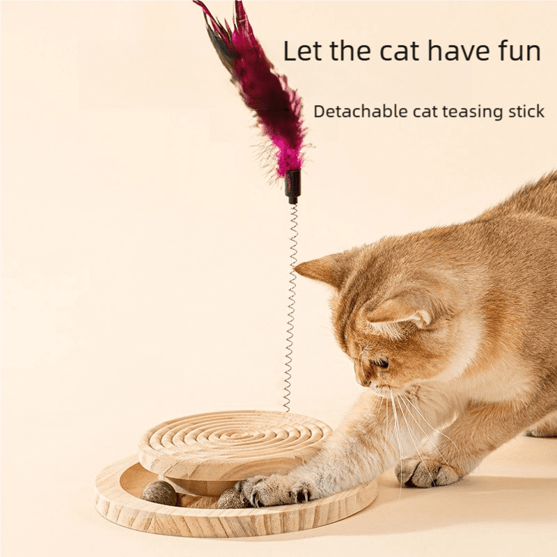3-in-1 Natural Wood Cat Toy: Interactive Spinning Disk + Detachable Feather Wand + Catnip Balls – Safe, Paw-Friendly Indoor Cat Enrichment