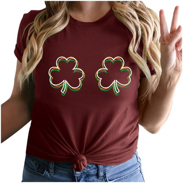 Besolor T-Shirt Femme Fête de la Saint-Patrick Vert Col Rond Manches Courtes Tee Tops Shamrock Trèfle Graphique Cadeau Festival Tops