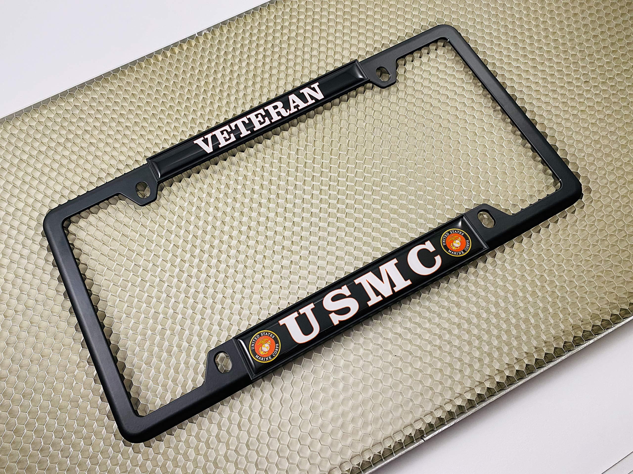 [Officially Licensed US Marine Corps Product] - USMC Veteran - Domed Custom-Made Personalized Narrow (Thin) Top 4 Hole Metal Car License Plate Frame with Free caps - Black Frame (Qty: 1)