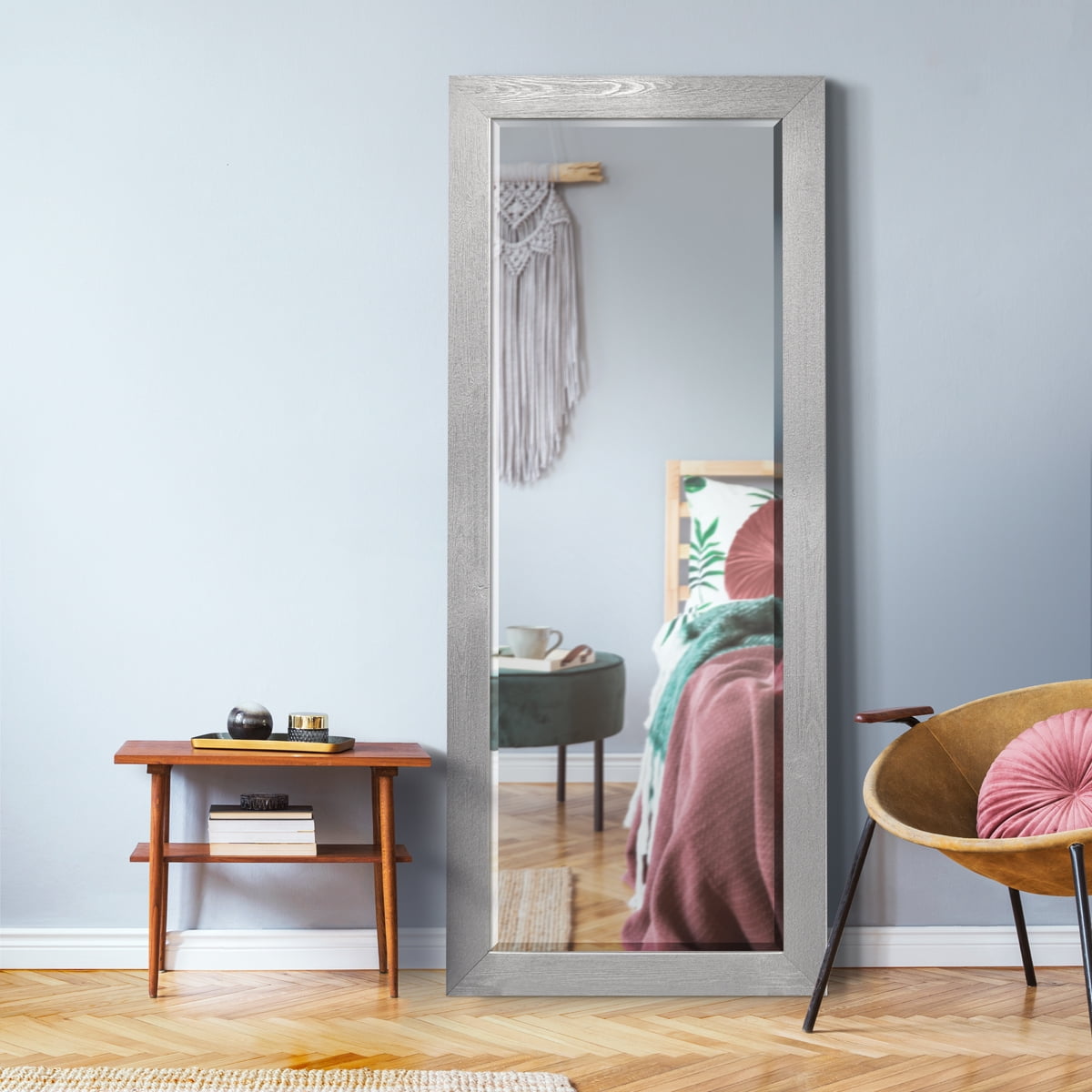 25 in. W x 61 in. H Framed Rectangle Beveled Edge Wood Full Length Mirror in Silver White