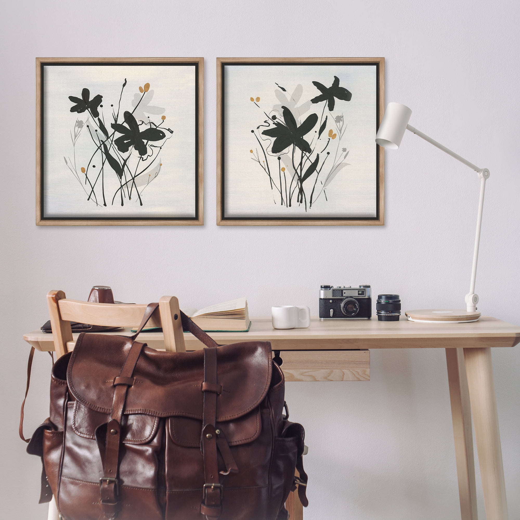 Stupell Industries Contemporary Floral Sprigs Plants & Flowers Painting Brown Floater Framed Canvas Art Print Wall Art, 25 x 25, Set of 2