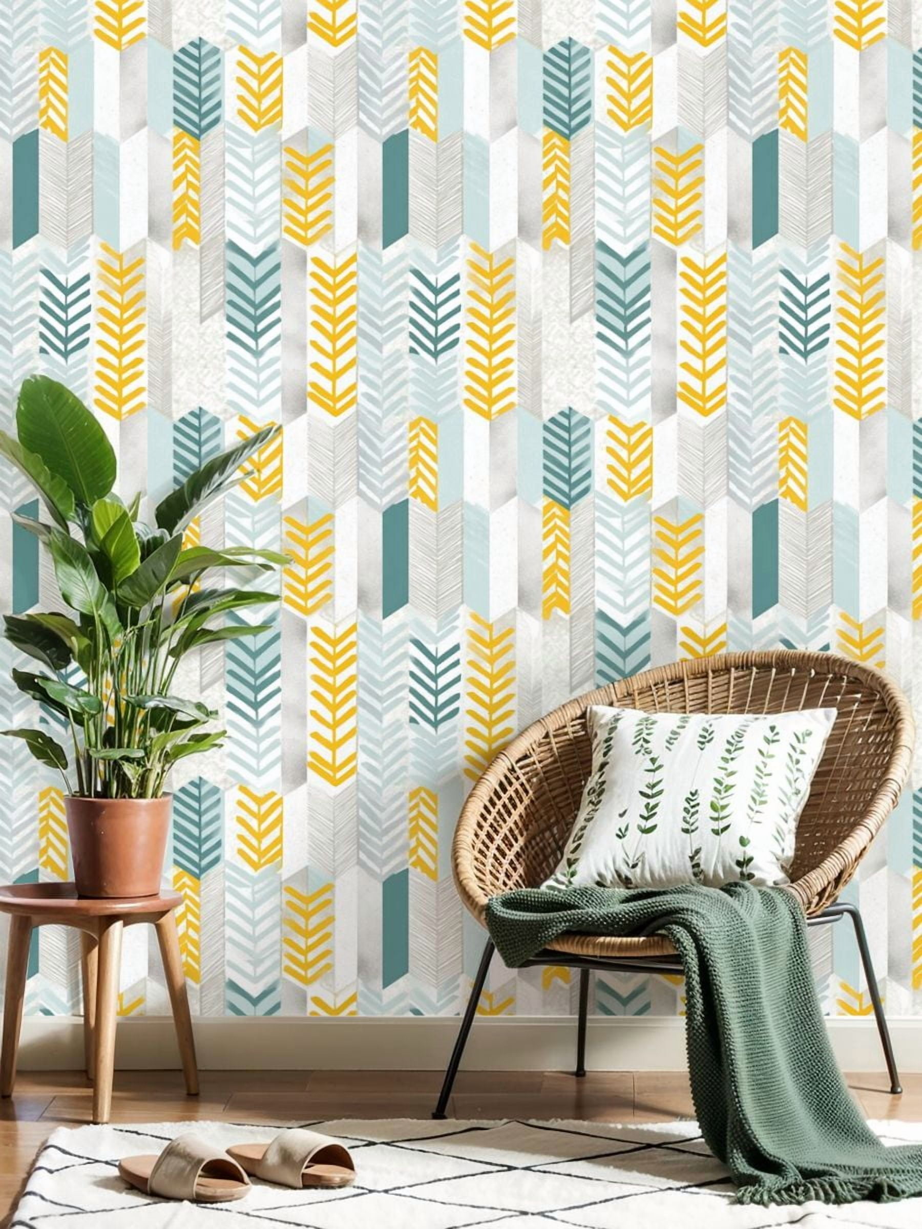 Vintage Peel and Stick Wallpaper Geometric Leaf Yellow Teal White Modern Wall Mural 23.6in x 9.8ft Self Adhesive Removable Wall Paper Renter Friendly Wallpaper for Nursery Bedroom Cabinets