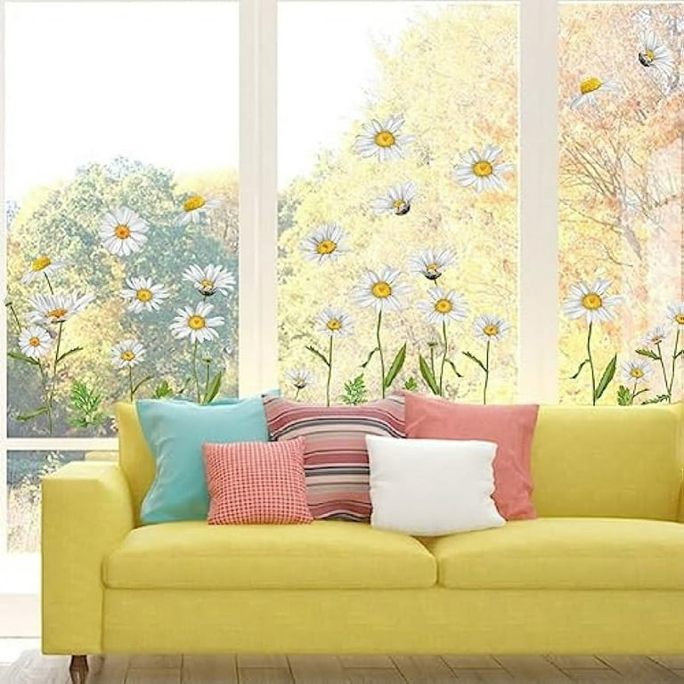 Wild Daisy Wall Sticker Colorful Wild Flower Vinyl Decals with Green Leaves  Art Decor for Bedroom Office Living Room 