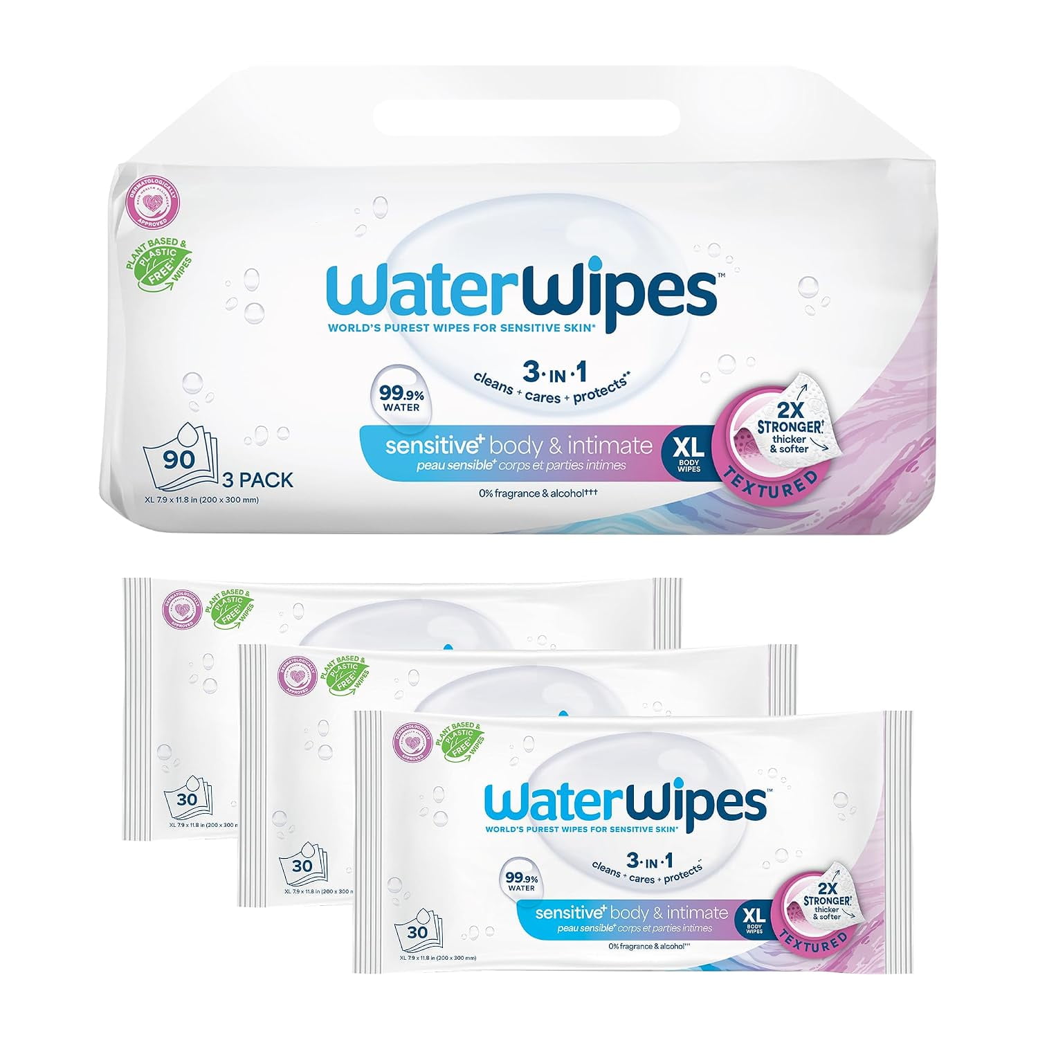 Sensitive Whole Body Cleansing Wipes, 99.9% Purified Water, XL Textured Wipes, Incontinence Care, Fragrance Free, 90 Count