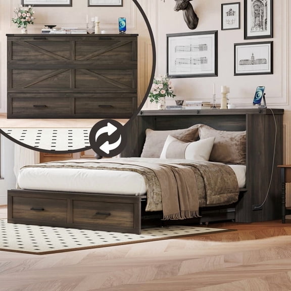 HICOMILA Queen Size Murphy Bed with Drawer and USB Charging Station, Foldable Platform Bed with Drawer for Guest Room, White