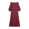 thumbnail image 4 of Gamivast Dresses for Women Linen Off Shoulder Long Sleeve Maxi Dress Smocked Neck Tiered Boho Long Dress Casual Loose Fit Beach Vacation Dress Wine XXL, 4 of 5