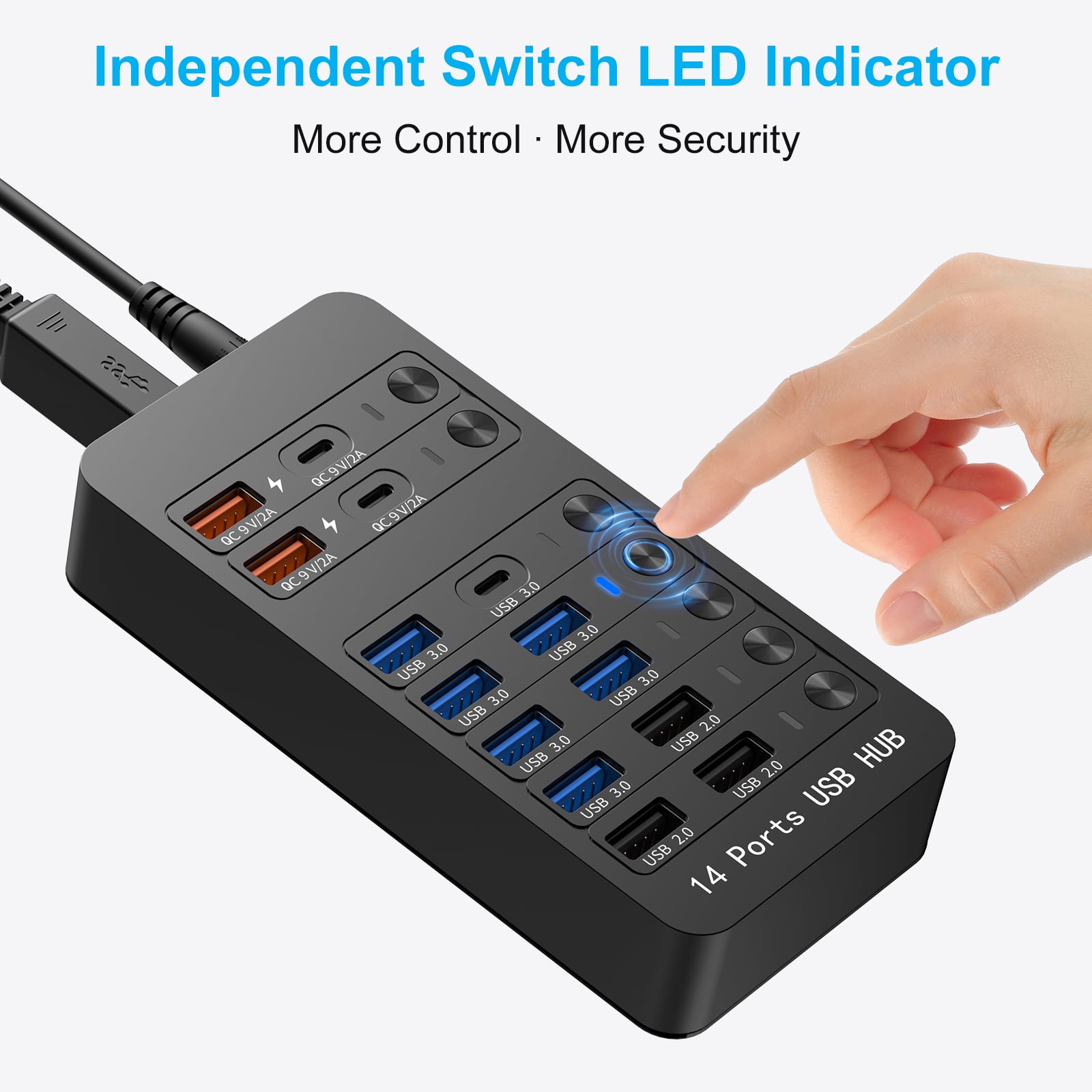 14-in-1 Powered USB Hub with 60W PD Charging, 6 USB 3.0 Ports, 4 Fast-Charging Ports, 1 USB-C 3.0 Data Port & LED Switches for Laptop, Phone, Tablet