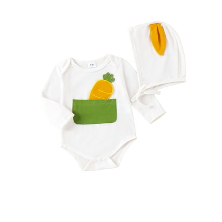 

WERNZATT Infant Baby Boys Girls Easter Jumpsuit Carrot Applique Pattern Round Neck Long Sleeve Romper with Bunny Hat