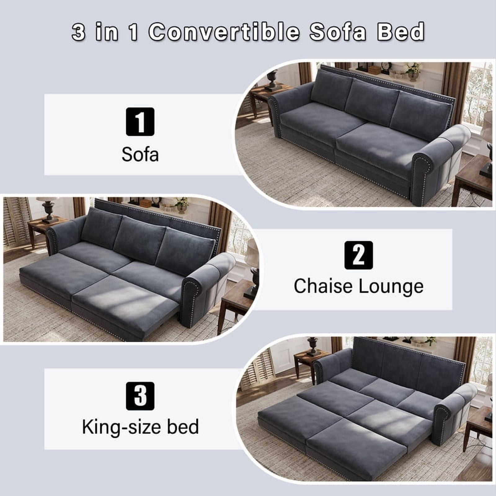3-in-1 Velvet Convertible Sleeper Bed, 93.7" Chesterfield Sofa, King Size Pull Out Sofa Bed with Nailhead Trim & Rolled Arms, , Multi-Functional Futon Bed for Living Room, Bedroom, Apartment