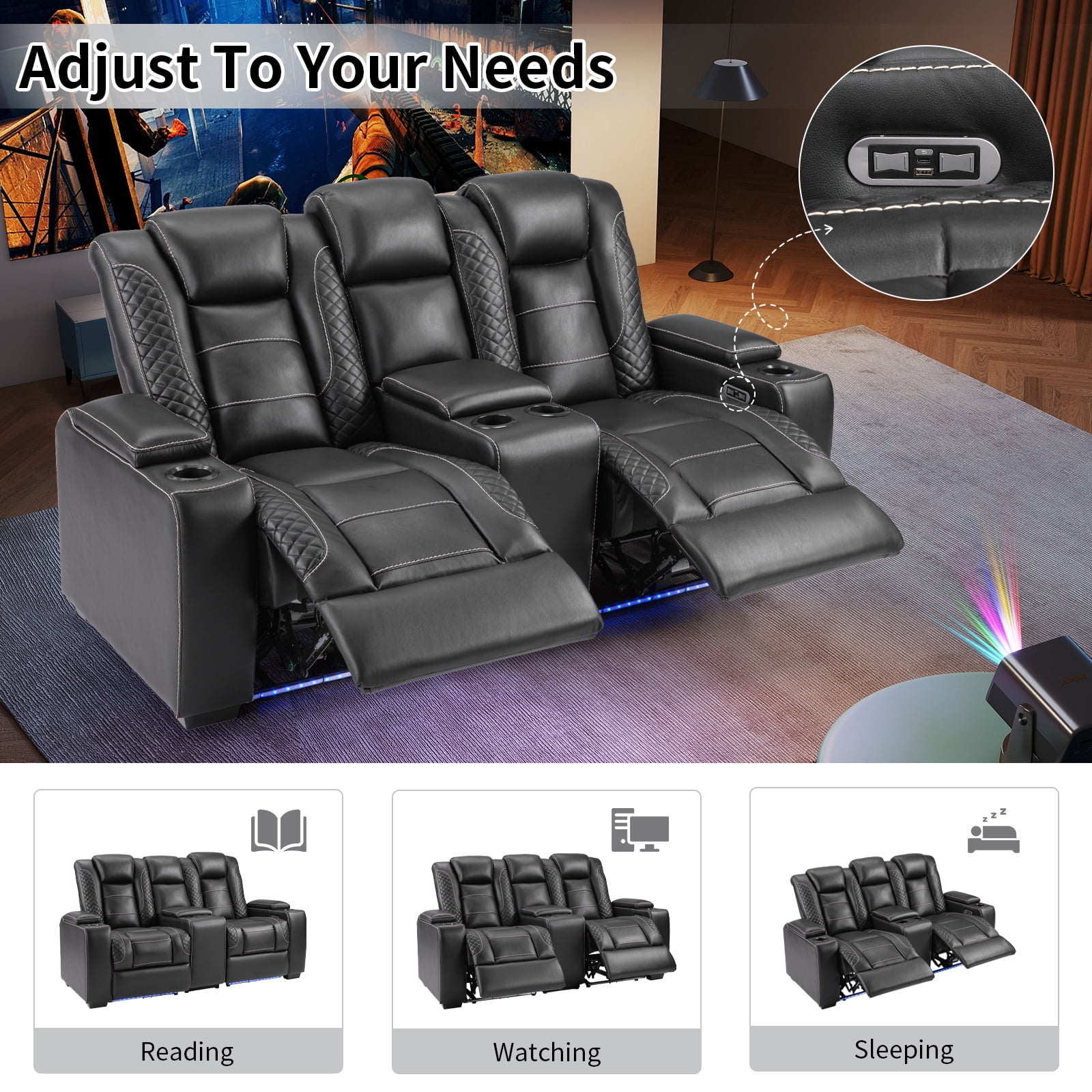 Bonzy Home Power Theater Loveseat Recliner — PU Leather Power Recliner with Center Console, USB Ports, LED Lights & Adjustable Headrests, Black